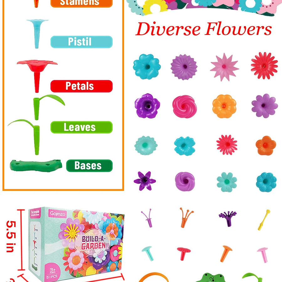 Toys for 3 4 5 6 Year Old Girls, Preschool Activities Christmas & Birthday Gifts for Toddlers and Kids Flower Garden Building Toys 51 PCS