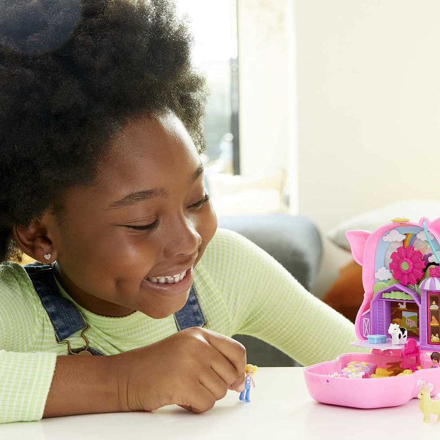 Polly Pocket On The Farm Piggy Compact, Farm Theme, Micro Polly Doll & Friend Doll, 2 Animal Figures (1 Alpaca with Hair), Fun Features & Surprise Reveals, Great Gift for Ages 4 Years Old & Up