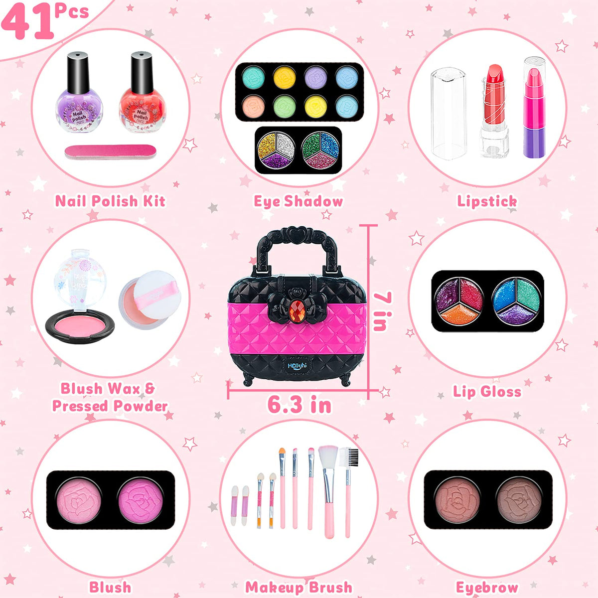 Hollyhi 41 Pcs Kids Makeup Toy Kit for Girls, Washable Makeup Set Toy 