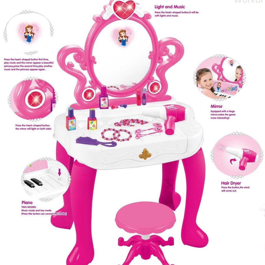 WolVolk 2-in-1 Vanity Set Girls Toy Makeup Accessories with Working Piano & Flashing Lights, Big Mirror, Cosmetics, Working Hair Dryer - Glowing Princess Will Appear When Pressing The Mirror-Button