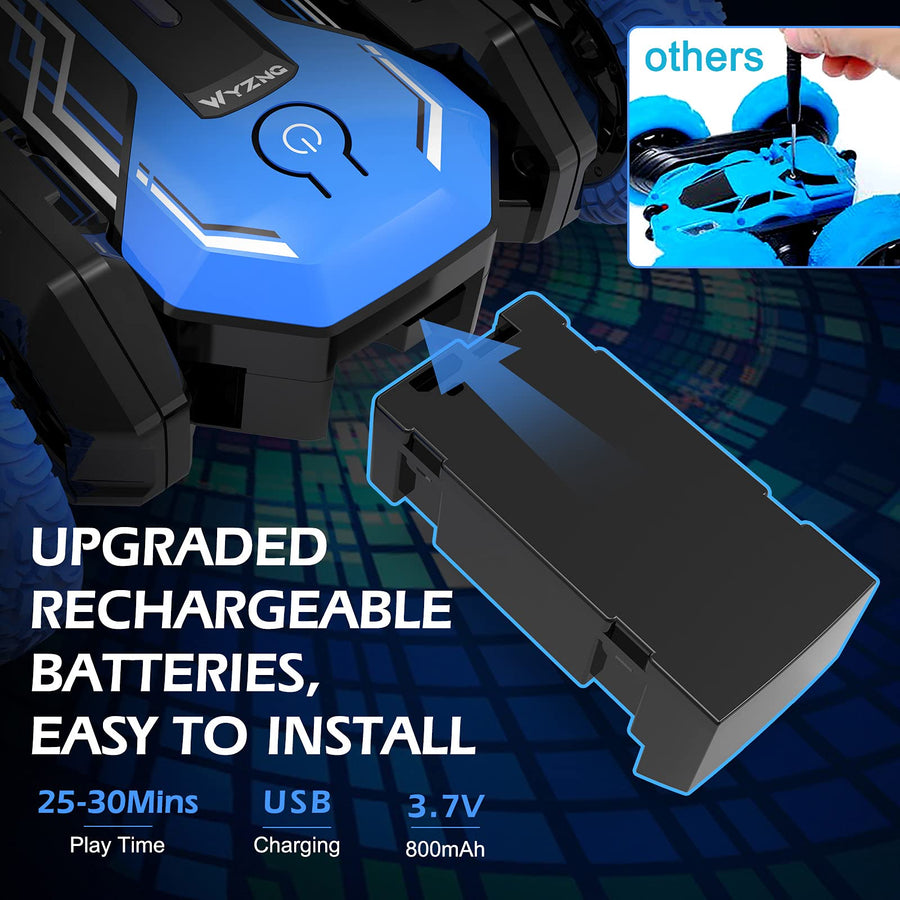 Remote Control Car, Wyzng RC Stunt Car Toy with LED Controller, 360°Flip Double Sided Stunt Car, 4WD Off-Road RC Car for Boys with 5 LED Lights, Rechargeable Battery, Toy Car for kids 5,6,7,8-12 Gifts