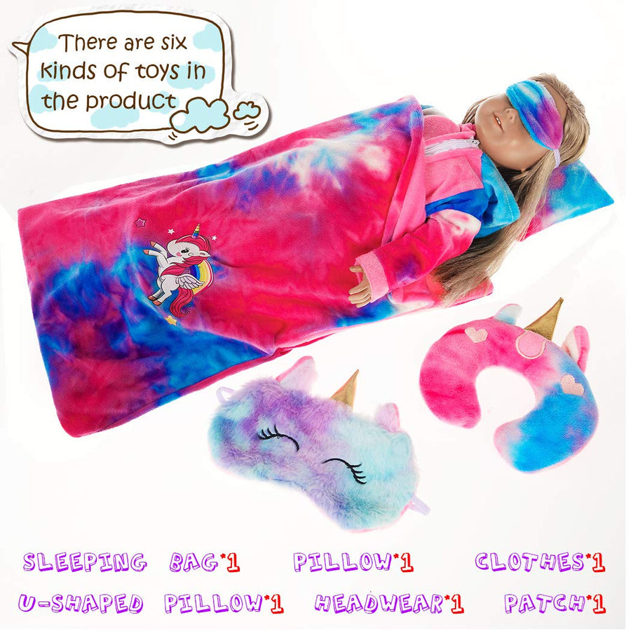 ebuddy 6 Pcs Colorful Tie-Dyed Unicorn Sleepwear Sleeping Bag Set Doll Accessories for 18 inch Our Generation Doll,American Girl Doll and 16-18 inch Baby Doll