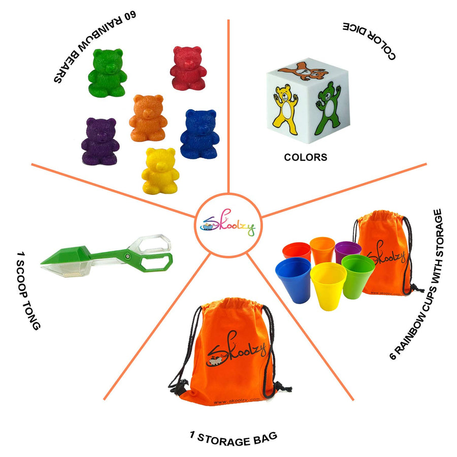 Skoolzy Rainbow Counting Bears with Matching Sorting Cups, Bear Counters and Dice Math Toddler Games 71pc Set - Bonus Scoop Tongs, Storage Bags