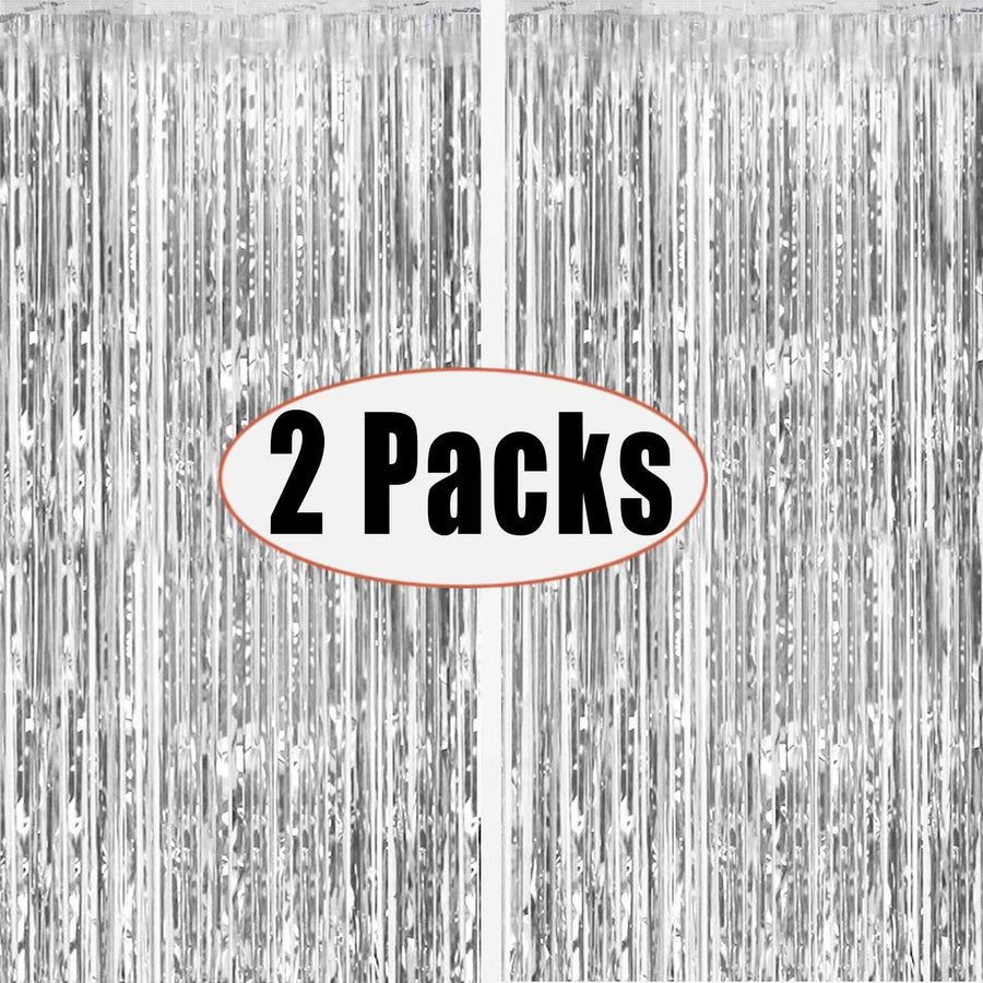 Fecedy 2pcs 3ft x 8.3ft Silver Metallic Tinsel Foil Fringe Curtains Photo Booth Props for Birthday Wedding Engagement Bridal Shower Baby Shower Bachelorette Holiday Celebration Party Decorations