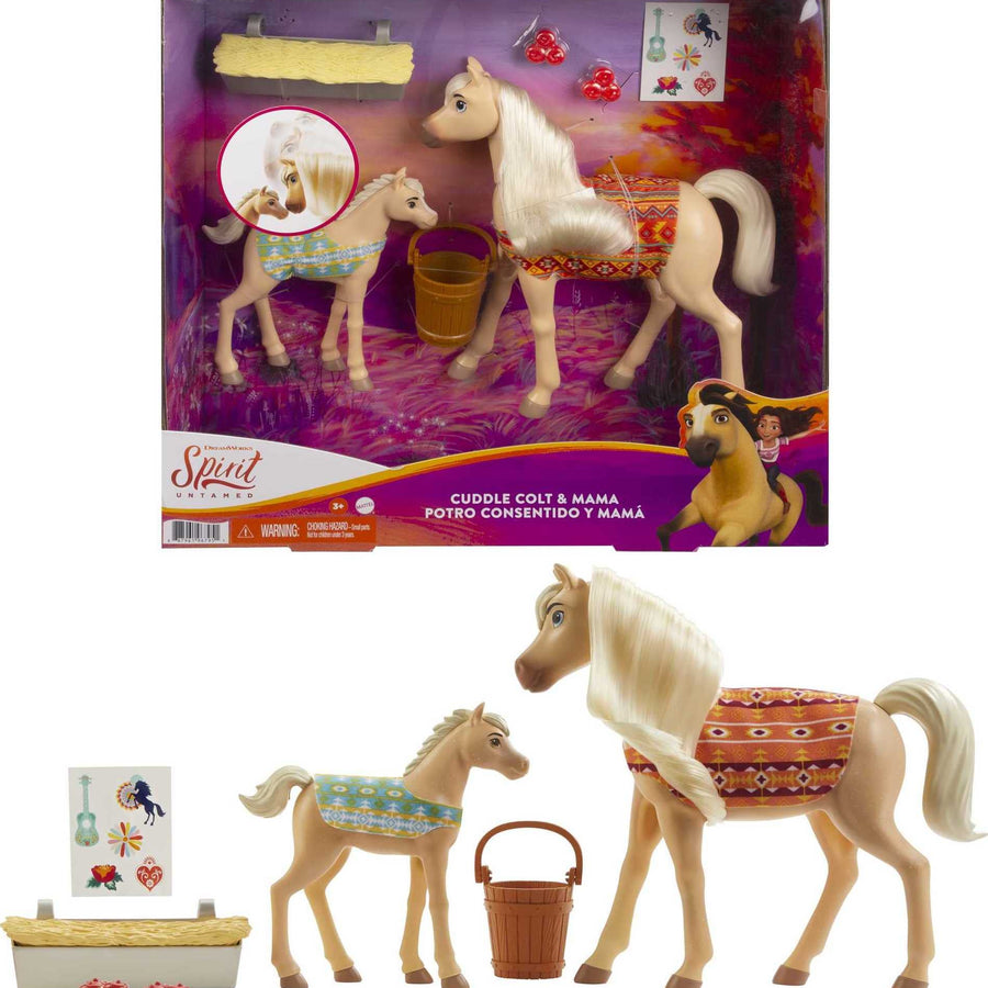Mattel Spirit Untamed Cuddle Colt & Mama Playset (Horses Approx. 5-in & 8-in) & Feeding Accessories, Great Gift for Horse and Animal Lovers Ages 3 Years Old & Up