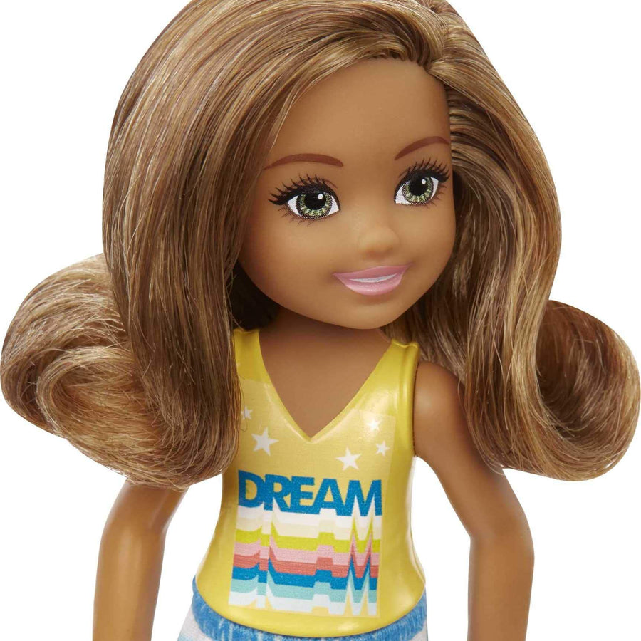 Barbie Chelsea Doll (6-inch Brunette) Wearing Skirt with Cloud Print and White Shoes, Gift for 3 to 7 Year Olds