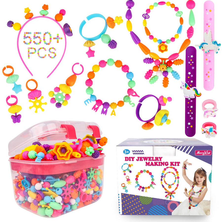 Pop Beads - 550+Pcs DIY Jewelry Making Kit for Toddlers 3, 4, 5, 6, 7 ,8 Year Old, Kids Pop Snap Beads Set to Make Hairband, Necklaces, Bracelets, Rings and Art & Crafts Creativity Toys for Girls Boys