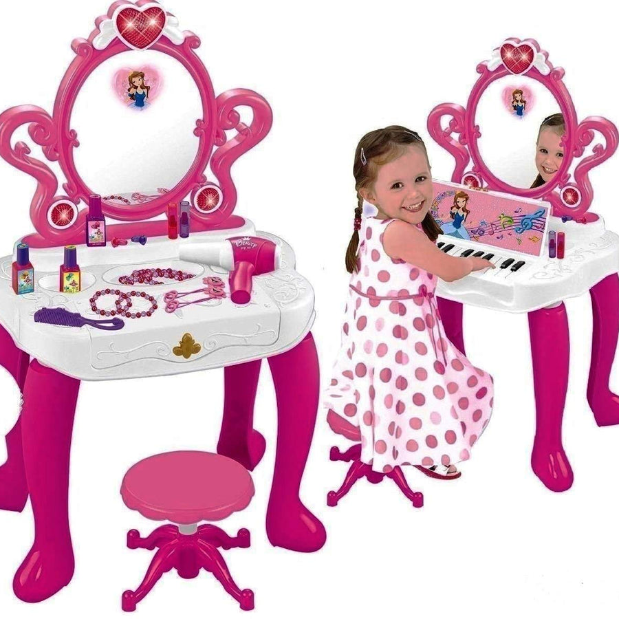 WolVolk 2-in-1 Vanity Set Girls Toy Makeup Accessories with Working Piano & Flashing Lights, Big Mirror, Cosmetics, Working Hair Dryer - Glowing Princess Will Appear When Pressing The Mirror-Button