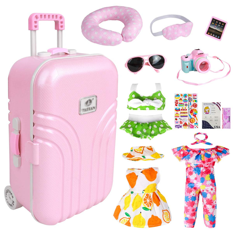 18 Inch Doll Travel Play Set - Doll Accessories with Carry on Suitcase Luggage, 3 Sets of Doll Clothes, Doll Travel Gear Play Set Fit for American Girl