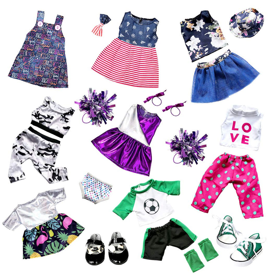 20 Pcs American Doll Clothes and Accessories fit American 18 inch Girl Dolls - Including 8 Complete Set Toys Doll Outfits and 2 Pairs Shoes, Doll Accessories with Cap, Underwear and Hair Clip