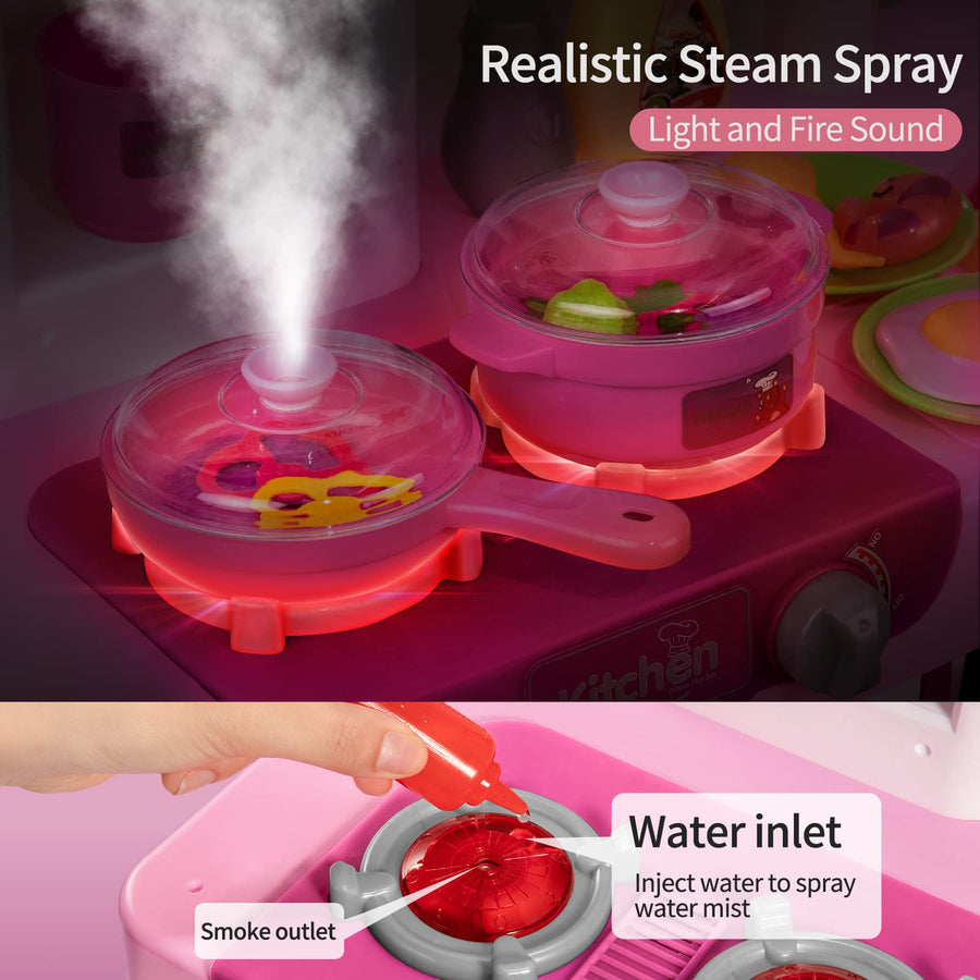 Temi Play Kitchen Playset Pretend Food - 53 PCS Pink Kitchen Toys for Toddlers, Toy Accessories Toddler Set w/ Real Sounds and Light, Toddler Outdoor Playset for Kids, Girls & Boys