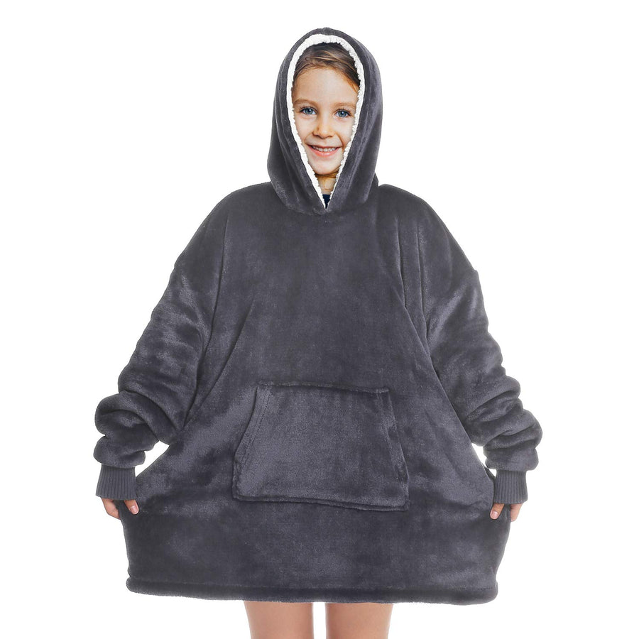Touchat Wearable Blanket Hoodie, Oversized Sherpa Blanket Sweatshirt with Hood Pocket and Sleeves, Super Soft Warm Plush Hooded Blanket for Kids, One Size Fits All (Grey)
