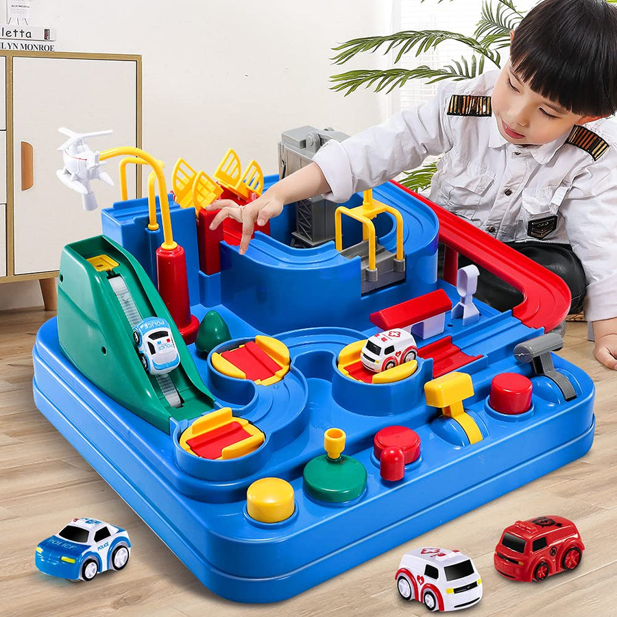 TEMI Kids Race Track Toys for Boy Car Adventure Toy for 3 4 5 6 7 Years Old Boys Girls, Puzzle Rail Car, City Rescue Playsets Magnet Toys w/ 3 Mini Cars, Preschool Educational Car Games Gift Toys