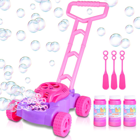 ArtCreativity Pink and Purple Bubble Lawn Mower for Toddlers | Electronic Bubble Blower Machine | Fun Bubbles Blowing Push Toys for Kids | Bubble Solution Included | Christmas Birthday Gift for Girls