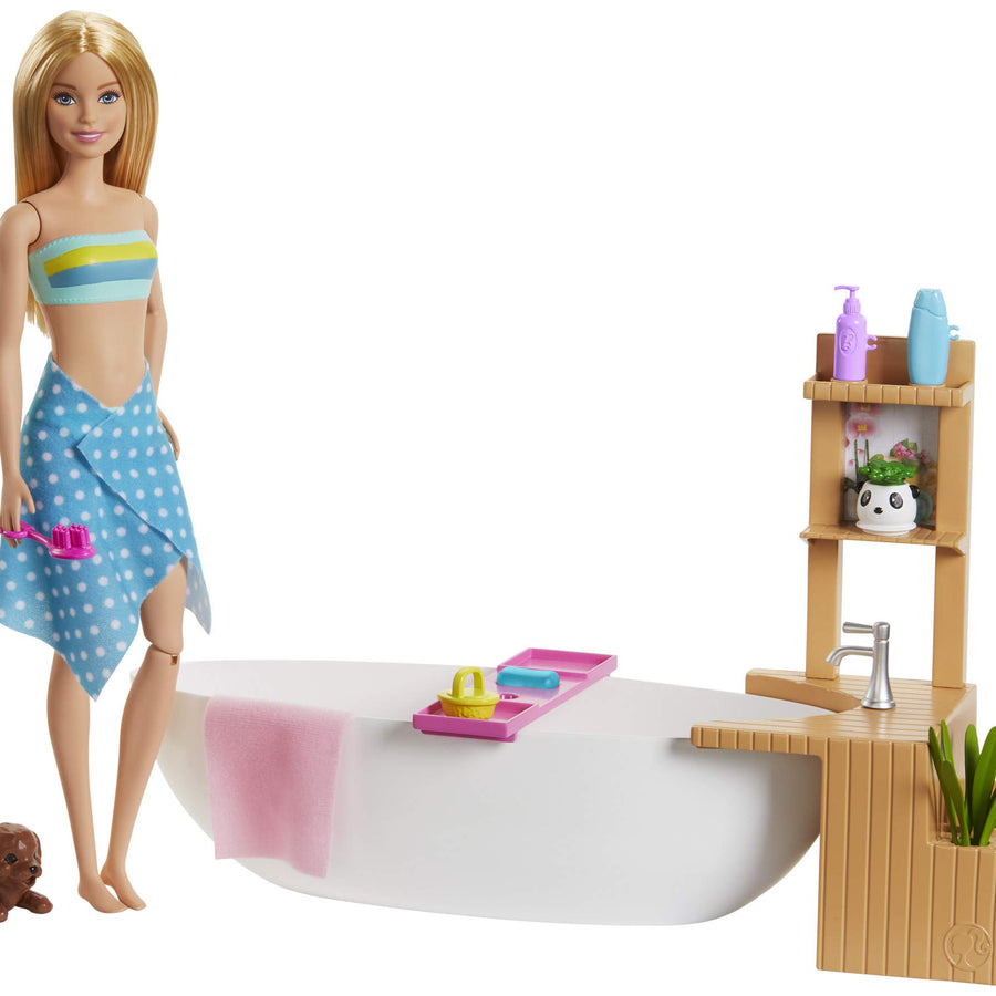 Barbie Fizzy Bath Doll & Playset, Blonde, with Tub, Fizzy Powder, Puppy & More, Gift for Kids 3 to 7 Years Old