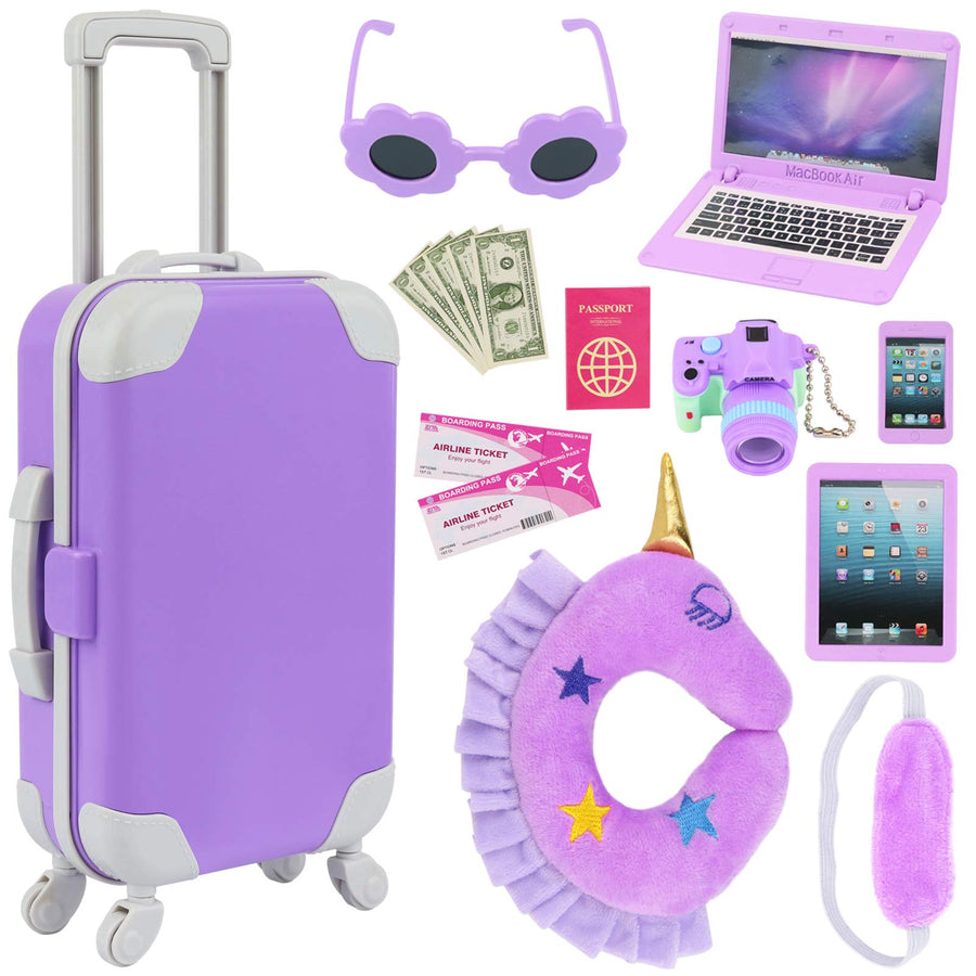 K.T. Fancy 16 pcs American 18 Doll Accessories Suitcase Travel Luggage Play Set for 18 Inch Doll Travel Carrier, Sunglasses Camera Computer Phone Pad Travel Pillow Blindfold Passport Tickets Cashes
