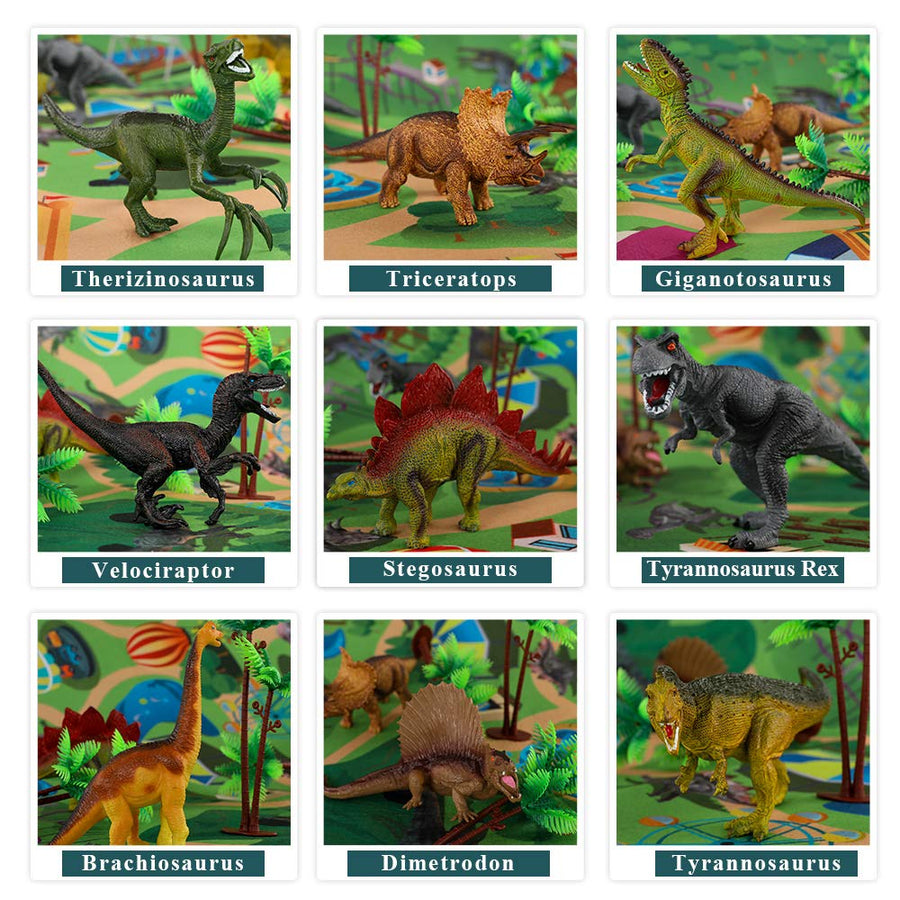 TEMI Dinosaur Toy Figure w/ Activity Play Mat & Trees, Educational Realistic Dinosaur Playset to Create a Dino World Including T-Rex, Triceratops, Velociraptor, Perfect Gifts for Kids, Boys & Girls