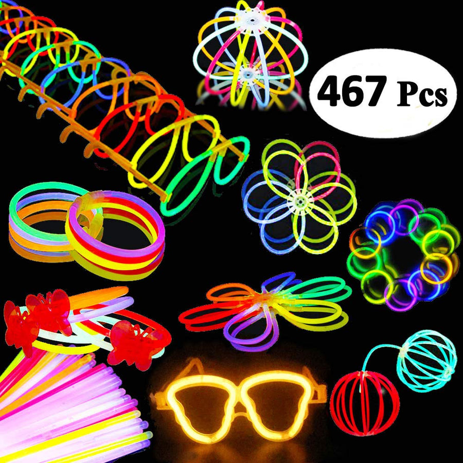 BUDI 200 Glow Sticks 467Pcs Glow Party Favors for Kids/Adults: 200 Glowsticks Party Packs 7 colors & Connectors for Glow Necklace, Flower Balls, Luminous Glasses and Triple/Butterfly Bracelets