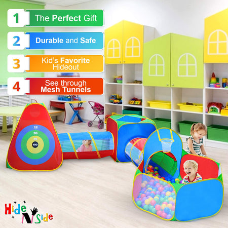 5pc Kids Ball Pit Tents and Tunnels, Toddler Jungle Gym Play Tent with Play Crawl Tunnel Toy, for Boys babies infants Children, Indoor Outdoor Gift, Target Game w/ 4 Dart Balls