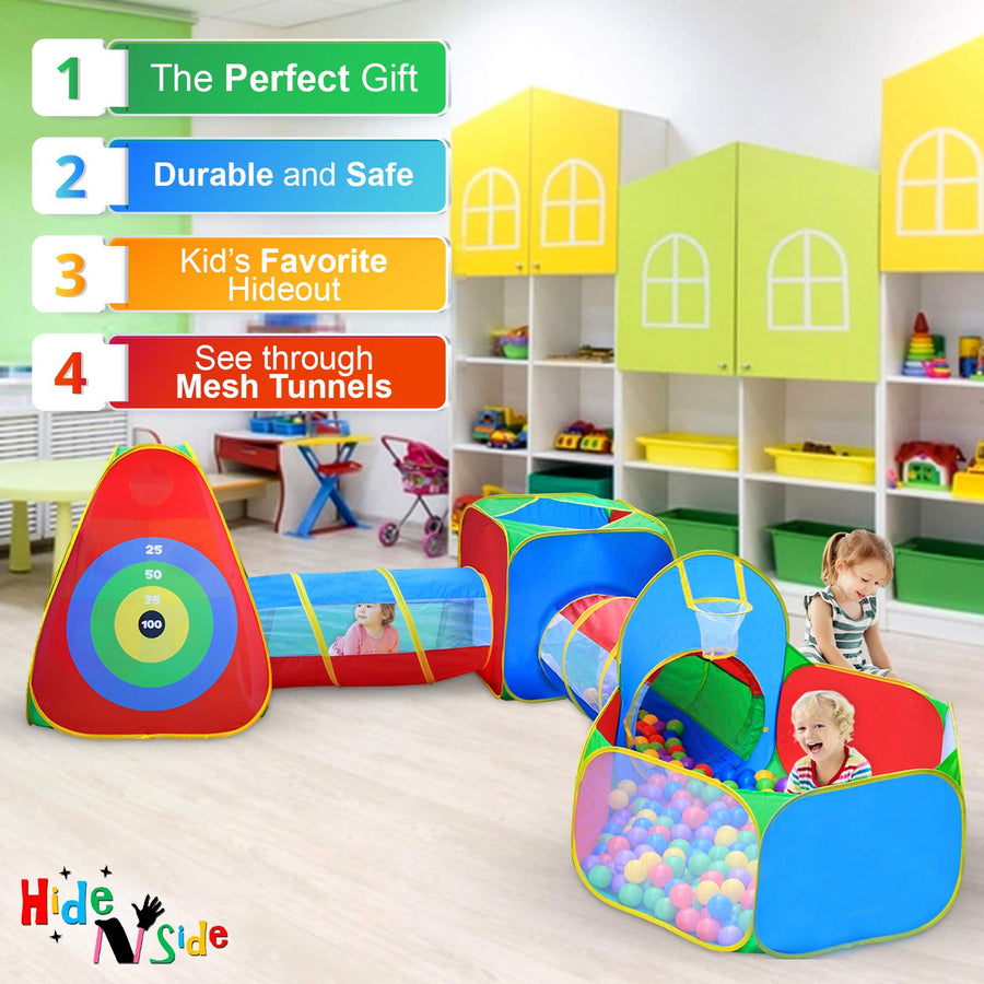 5pc Kids Ball Pit Tents and Tunnels, Toddler Jungle Gym Play Tent with Play Crawl Tunnel Toy, for Boys babies infants Children, Indoor Outdoor Gift, Target Game w/ 4 Dart Balls