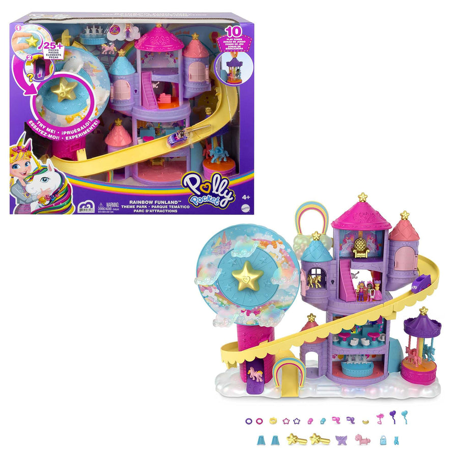Mattel Polly Pocket Rainbow Funland Theme Park, 3 Rides, 7 Play Areas, Polly and Shani Dolls, 2 Unicorns & 25 Surprise Accessories (30 Total Play Pieces), Dispensing Feature for Surprises