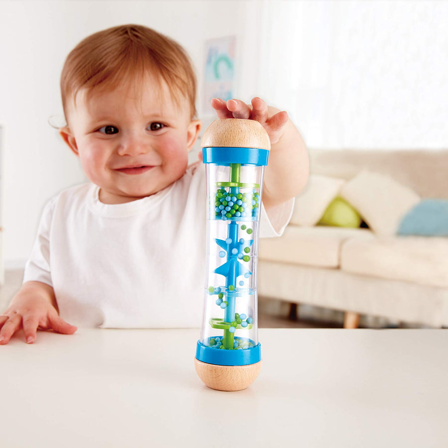 Hape Beaded Raindrops | Mini Wooden Musical Shake & Rattle Rainmaker Toy, Blue, Model Number: E0328B ,L: 2, W: 2, H: 7.9 inch
