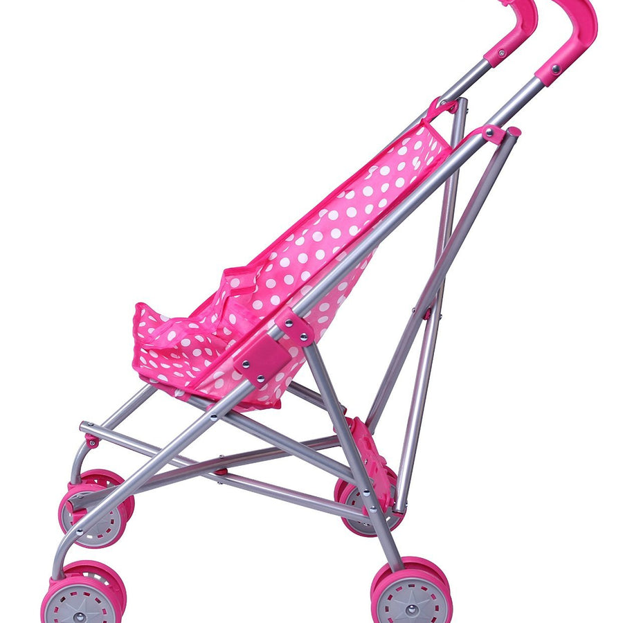 Precious Toys Baby Doll Stroller, Foldable Play Stroller, Fits Dolls 18 Inches, Extra Stability, Fully Assembled, Color Pink and White Polka Dots, Lead Free Paint, Gifts for Toddlers and Girls Ages 2+