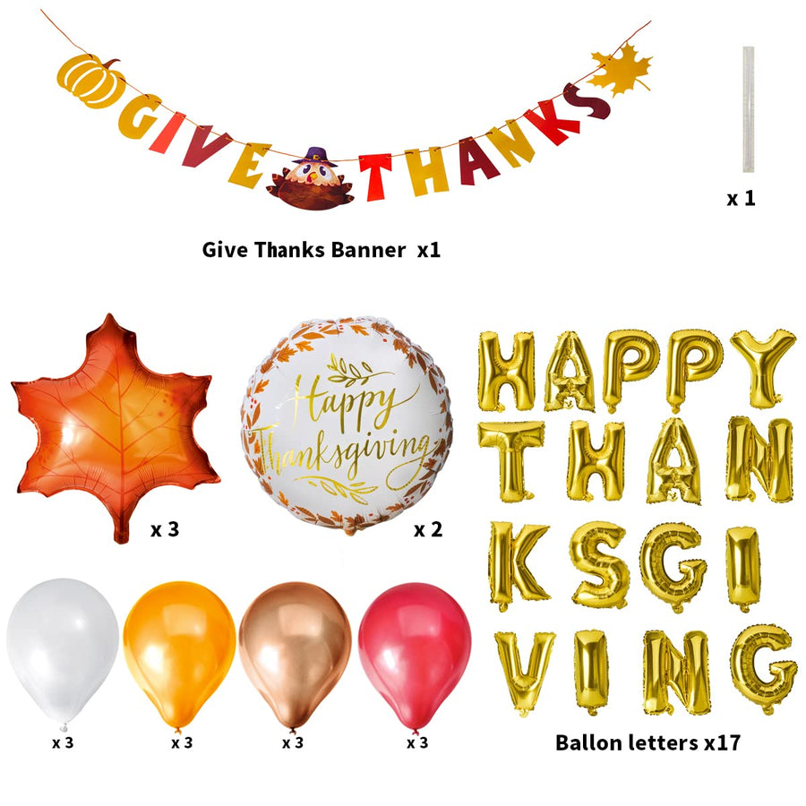 JOYIN 35 Pcs Thanksgiving Party Decoration Set Includes GiveThanks Hanging Banner, Happy Thanksgiving Gold Letter Foil Balloon, 12 Latex and 3 Maple Leaf Ballooons, Fall Holiday Decor Party Supplies