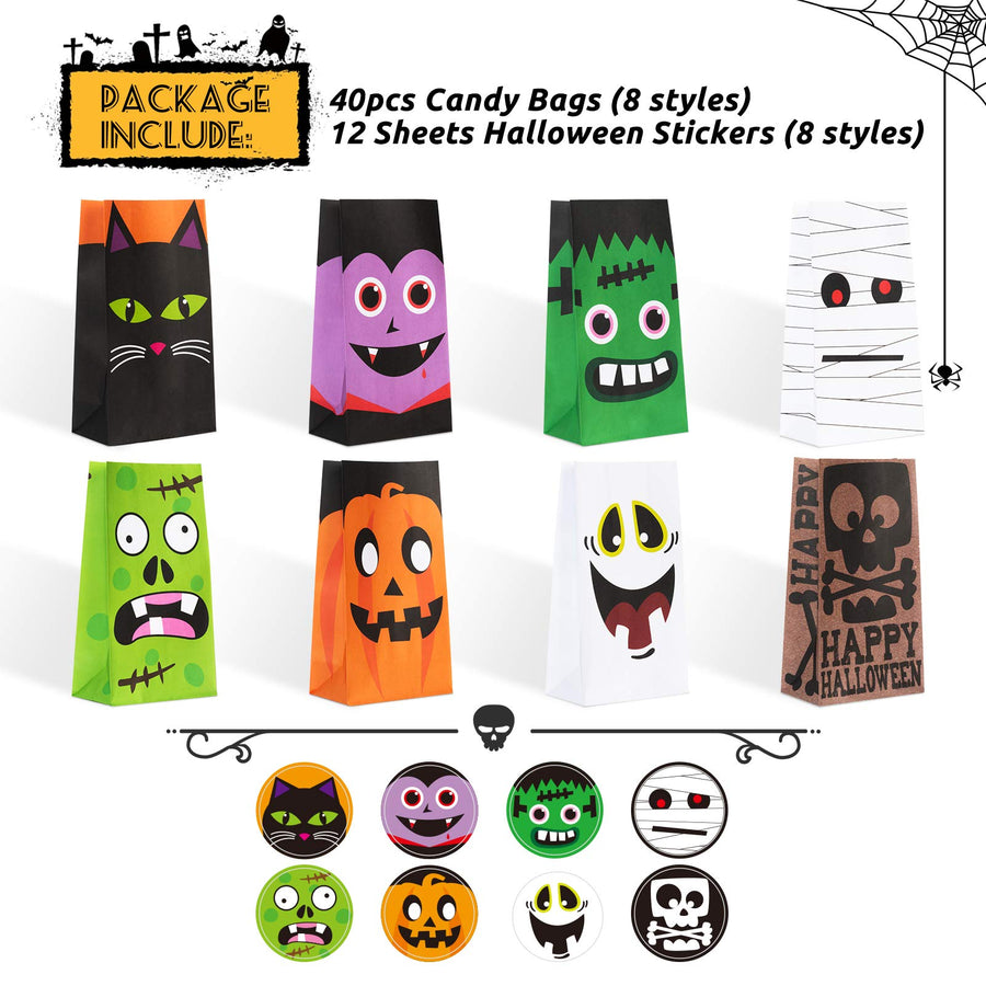 Decorlife 40 PCS Halloween Treat Bags, 8 Style Paper Treat Bags for Halloween Party Favor, Trick or Treat, Gifts, Candies, Snacks, Party Supplies, 40 Stickers Included