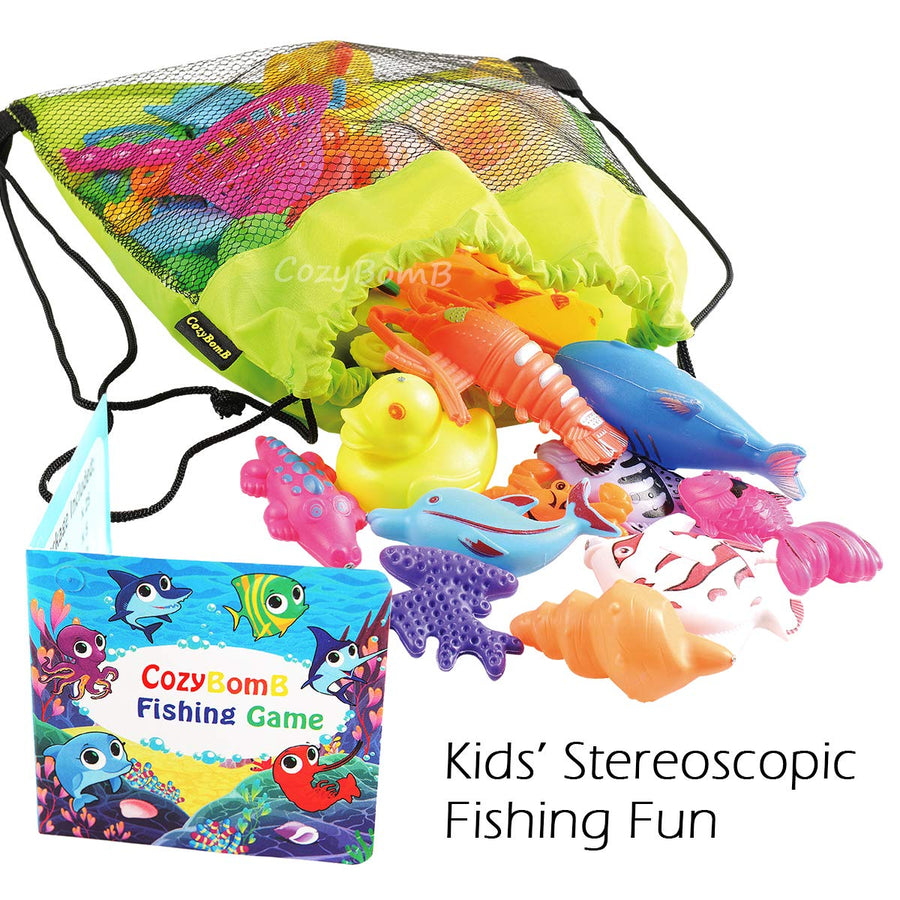 CozyBomB Magnetic Fishing Pool Toys Game for Kids - Water Table Bathtub Kiddie Party Toy with Pole Rod Net Plastic Floating Fish Toddler Color Ocean Sea Animals Age 3 4 5 6 Year Old