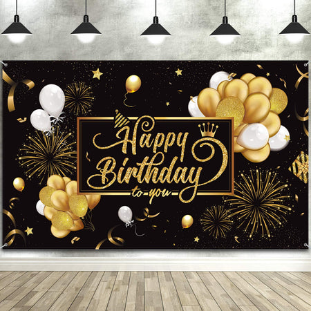 Happy Birthday Backdrop Banner Large Black Gold Balloon Star Fireworks Party Sign Poster Photo Booth Backdrop for Men Women 30th 40th 50th 60th 70th 80th Birthday Party Decorations, 72.8 x 43.3 Inch