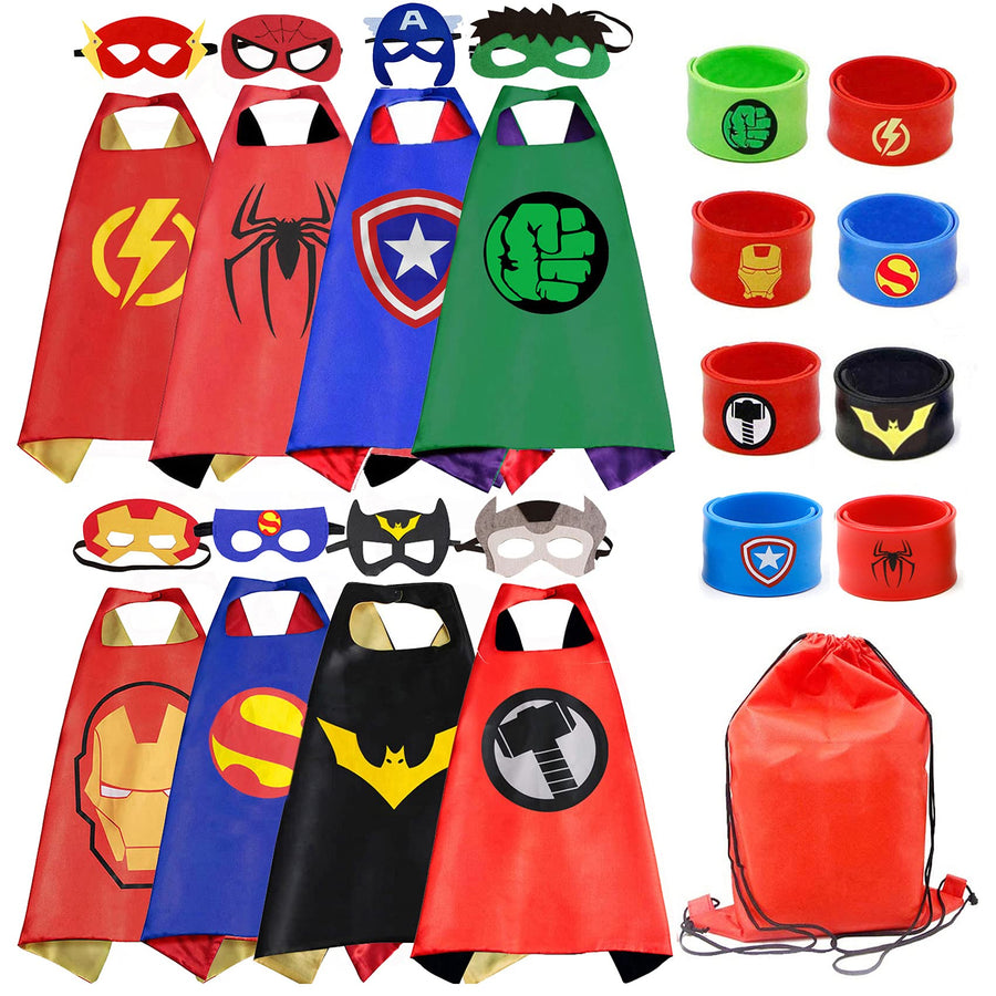 Kids Dress Up 8PCS Superhero Capes Set and Slap Bracelets for Boys Costumes Birthday Party Gifts
