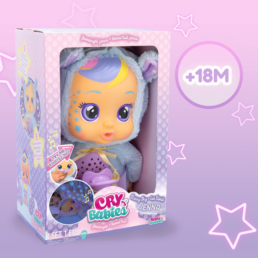 Cry Babies Goodnight Starry Sky Jenna - 12" Sleepytime Baby Doll | Plays 5 Lullabies and Night Light Starry Sky Projection