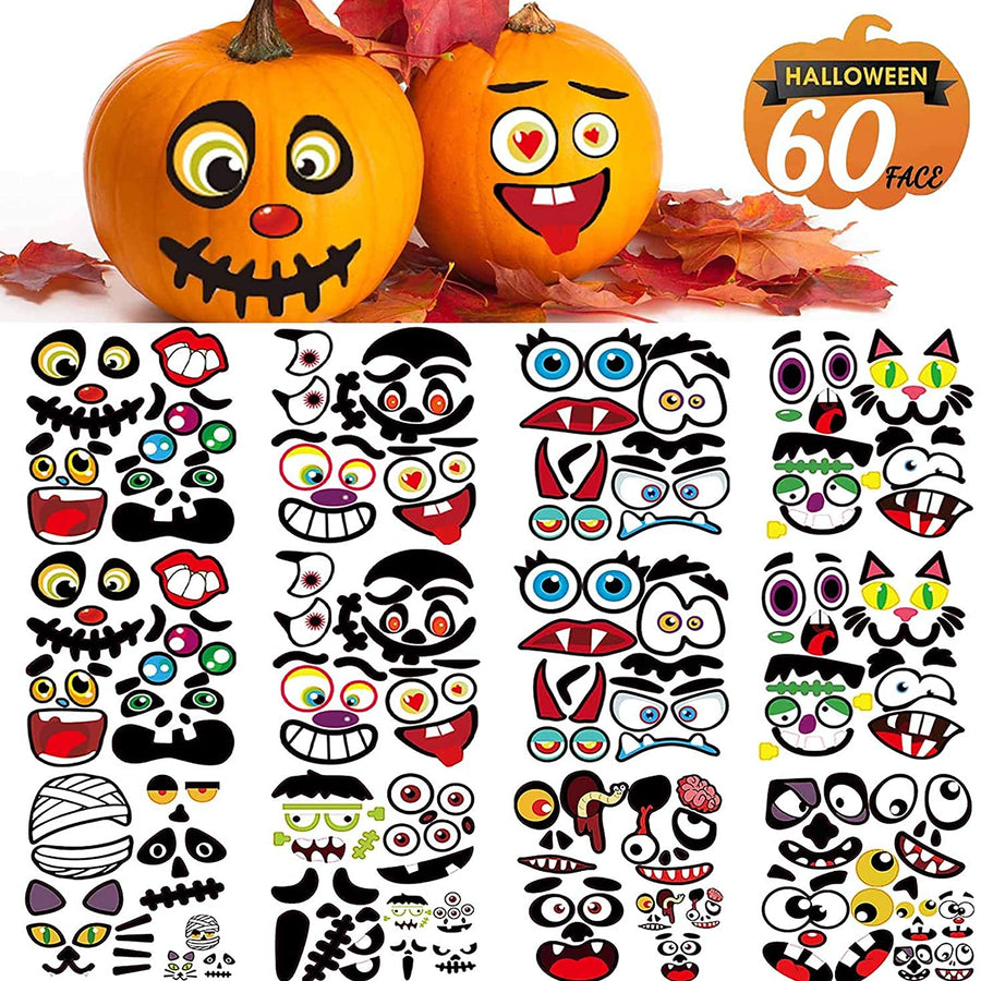 Halloween Pumpkin Decorating Stickers, Jack-O-Lantern Face Decals Kit for Pumpkins and Squashes, 60 Cute Expressions Crafts Stickers Halloween Treat Party Supplies Idea Gifts for Kids