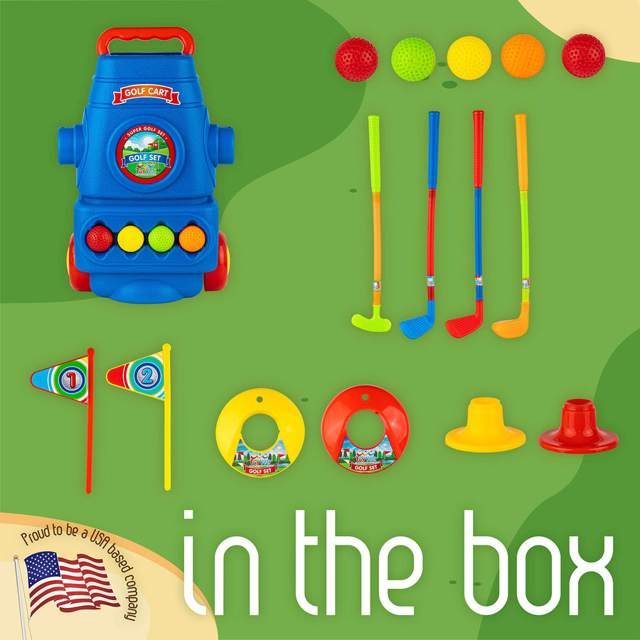 Toyvelt Kids Golf Club Set Golf Cart With Wheels, 4 Colorful Golf Sticks, 6 Balls & 2 Practice Holes Fun Young Golfer Sports Toy Kit For Boys &Girls Promotes Physical & Mental Development 2020 Edition