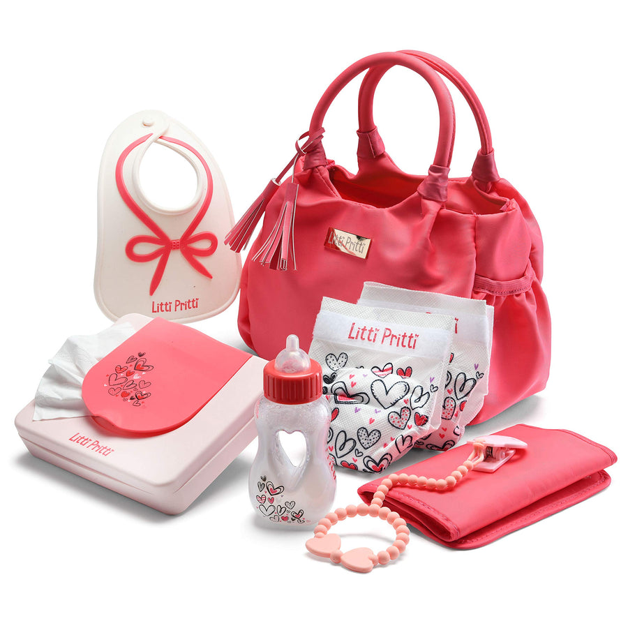 Litti Pritti Baby Doll Accessories - 9 Piece Premier Playtime Set for Baby Dolls - Diaper Bag Set Includes Fabric Diapers, Magic Bottle, Wipes & More