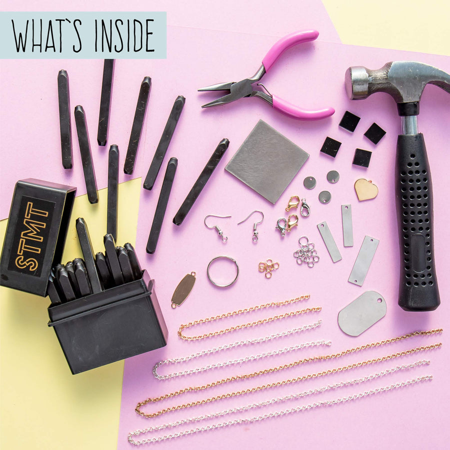 STMT DIY Hand Stamped Jewelry Making Craft Kit - Create Personalized Stuff for Teen Girls - Tween Girl Earrings, Bracelets & Necklaces with a Metal Letter Stamp Set, Hammer, Stamping Block, Charms