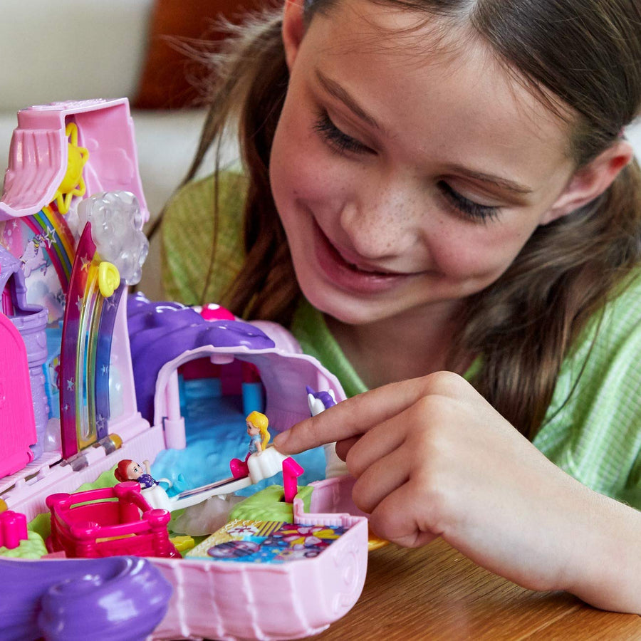 Polly Pocket Unicorn Party Large Compact Playset with Micro Polly & Lila Dolls, 25+ Surprises to Discover & Fun Princess Party Play Areas: Bouncy House, Castle, Swings, Water Floatie & More