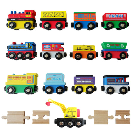 Tiny Conductors 12 Wooden Train Cars, 1 Bonus Crane, 4 Bonus Connectors, Locomotive Tank Engines and Wagons for Toy Train Tracks, Compatible with Thomas Wood Toy Railroad Set (Trains)