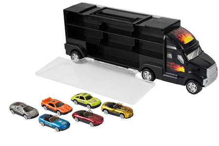 Transport Car Carrier Truck - with 6 Stylish Metal Racing Cars - with Carrying Case