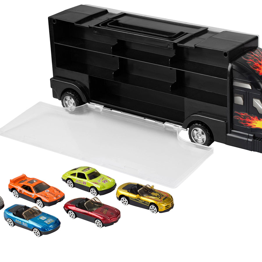 Transport Car Carrier Truck - with 6 Stylish Metal Racing Cars - with Carrying Case