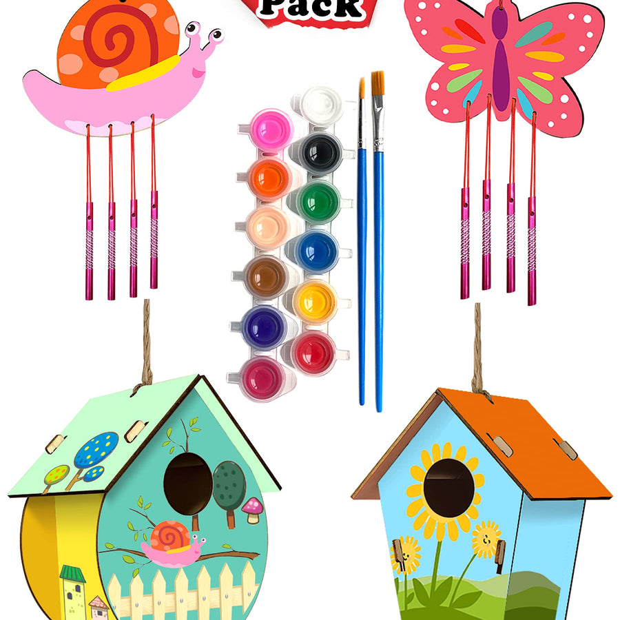 HOME COMPOSER 4 Pack DIY Bird House Wind Chime Kits for Children to Build and Paint, Wooden Arts and Crafts for Kids Girls Boys Toddlers Ages 8-12 4-6 6-8, Paint Kit Includes Paints & Brushes