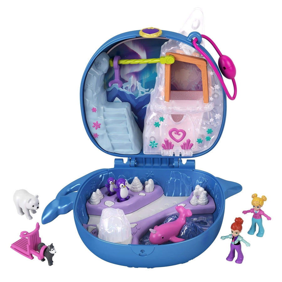 Polly Pocket Freezin' Fun Narwhal Compact with Fun Reveals, Micro Polly and Lila Dolls, Husky Dog & Sled, Polar Bear Figure & Sticker Sheet; for Ages 4 Years Old & Up