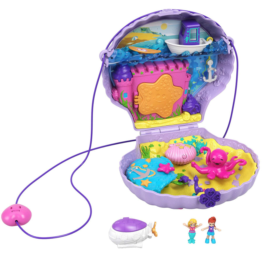 Polly Pocket Tiny Power Seashell Purse Compact with Wearable Strap, Fun Under-The-Sea Features, Micro Polly and Lila Mermaid Dolls, 2 Accessories & Sticker Sheet; for Ages 4 Years Old & Up
