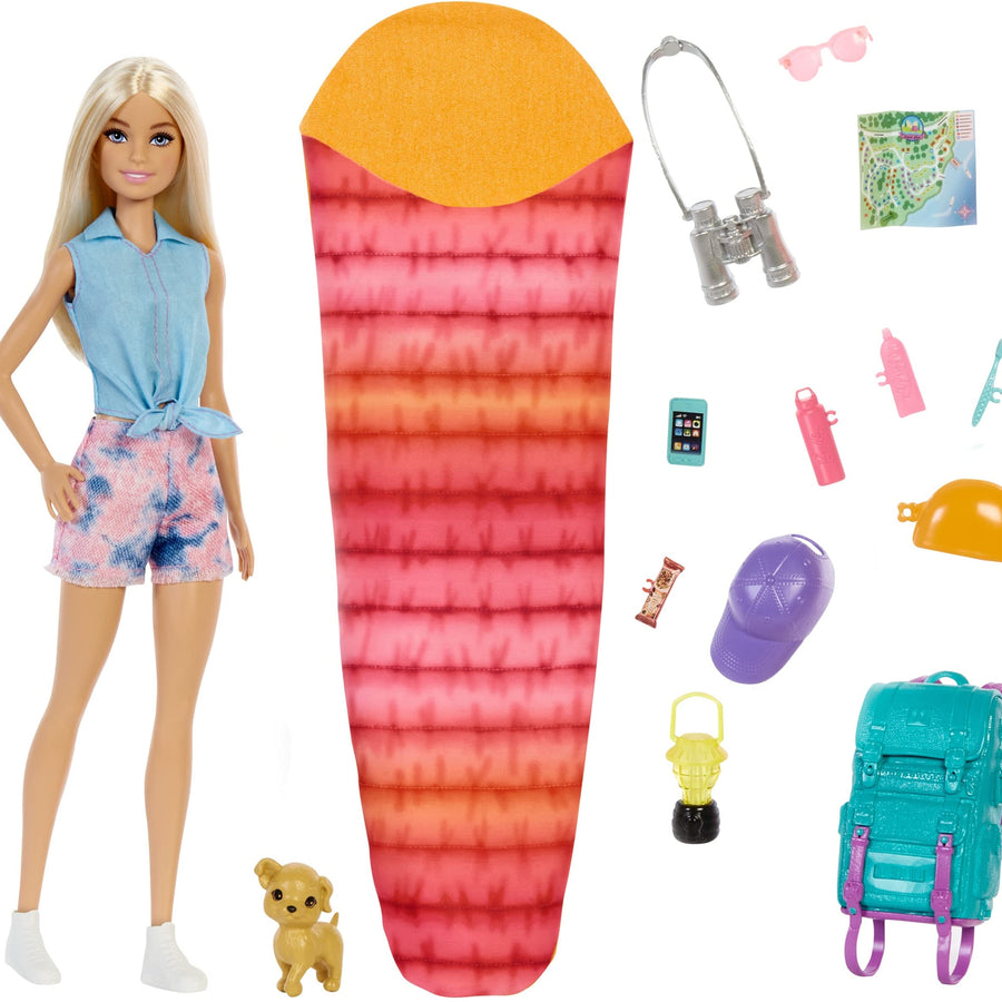 Barbie It Takes Two “Malibu” Camping Doll (11.5 in Blonde) with Pet Puppy, Backpack, Sleeping Bag & 10 Camping Accessories, Gift for 3 to 7 Year Olds