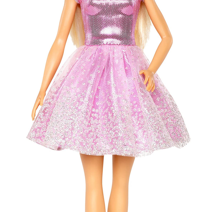 Barbie Happy Birthday Doll, Blonde, Wearing Sparkling Pink Party Dress with Present, Gift for 3 to 7 Year Olds