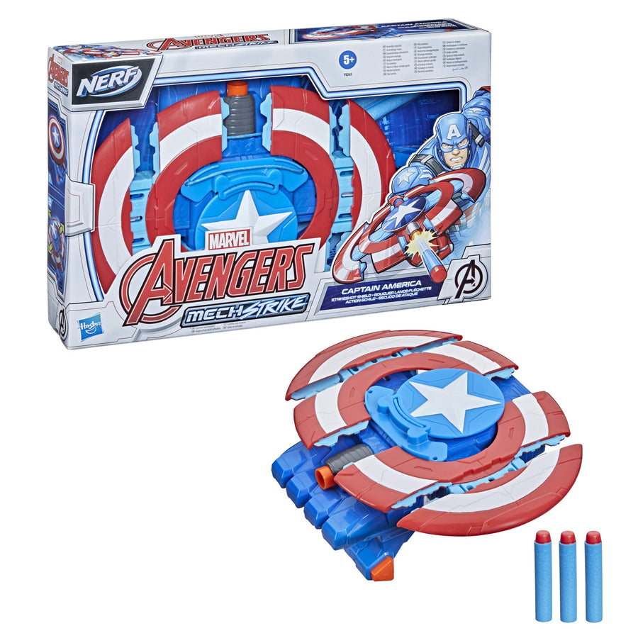 Avengers Hasbro Marvel Mech Strike Captain America Strikeshot Shield Role Play Toy with 3 NERF Darts, Pull Handle to Expand, for Kids Ages 5 and Up