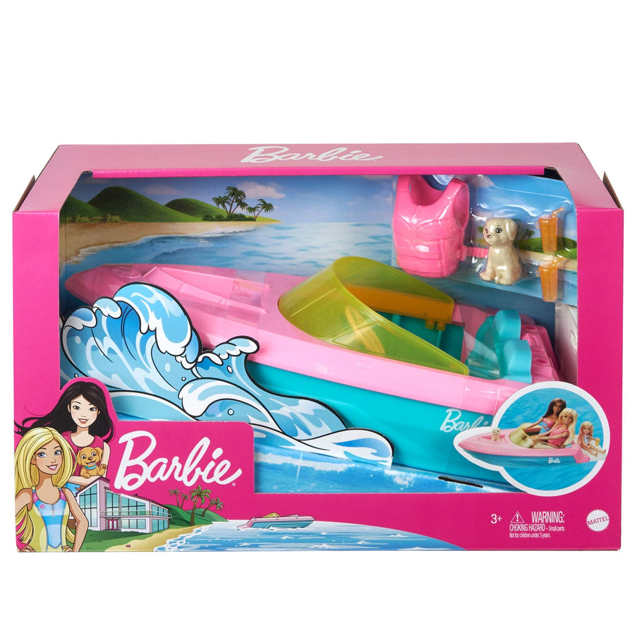 Barbie Boat with Puppy and Themed Accessories, Fits 3 Dolls, Floats in Water, Great Gift for 3 to 7 Year Olds
