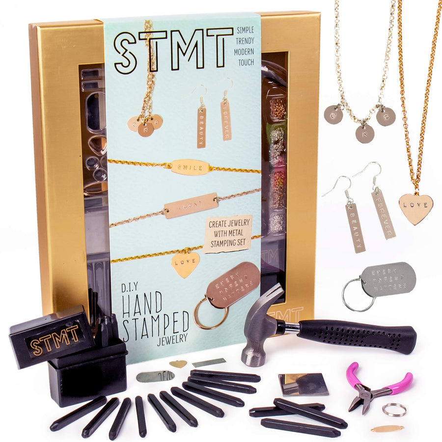 STMT DIY Hand Stamped Jewelry Making Craft Kit - Create Personalized Stuff for Teen Girls - Tween Girl Earrings, Bracelets & Necklaces with a Metal Letter Stamp Set, Hammer, Stamping Block, Charms
