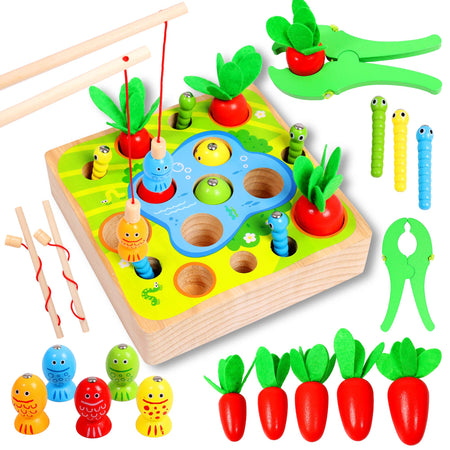 Toys for 1 Year Old Boy Montessori Toys for Toddlers Sensory Education Wooden Toys for 1 2 3 Year Old Babies Gifts for Christmas Birthday Kids Boys & Girls Fishing Games Carrot Harvest Catching Worm